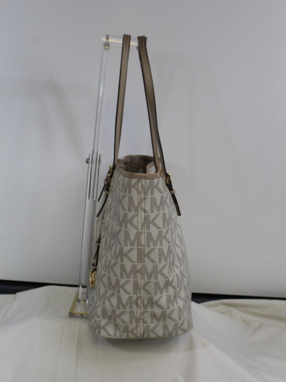 Michael Kors Large Logo Tote Cream Tan MK Shoulder Bag PVC Leather - Picture 7 of 13